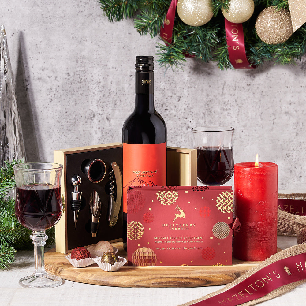 Holiday Wine Lover’s Gift Basket, Wine Gift Baskets, Chocolate Gift Baskets, Wine, Chocolate Truffles, Candle