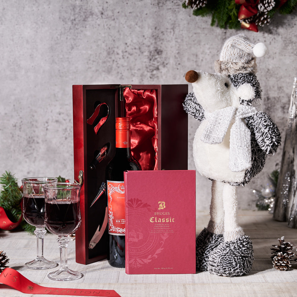 Holiday Wine Gift Basket with Assorted Bruges Chocolates in Wood Box – how the gift is presented