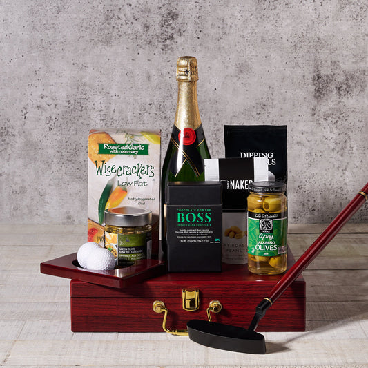 Executive Golf Putting Set Gift Basket, With Champagne, Champagne Gift Baskets, Chocolate Gift Baskets, Gourmet Gift Baskets, Golf Gift Baskets, Pretzels, Crackers, Golf Set, Champagne, Chocolate, Tapenade, Olives, Nuts, USA Delivery