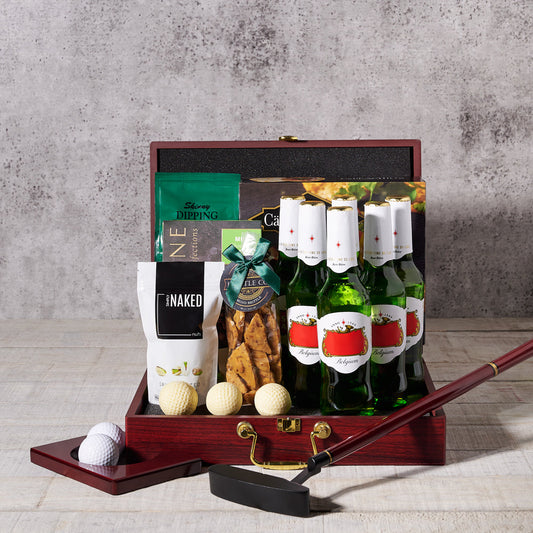 gourmet gift basket,  gourmet,  pistachios,  almonds,  nuts,  crackers,  chocolate,  Beer Gift Basket,  Beer,  golf,  Set 24051-2021, beer basket delivery, delivery beer basket, golf gourmet 