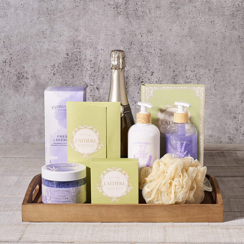 chocolate truffles,  chocolate,  bath,  bath & body,  lotion,  lavender,  sparkling wine,  spa gift,  Spa,  Set 24061-2021, spa gift basket delivery, delivery spa gift basket, sparkling wine basket , USA Delivery