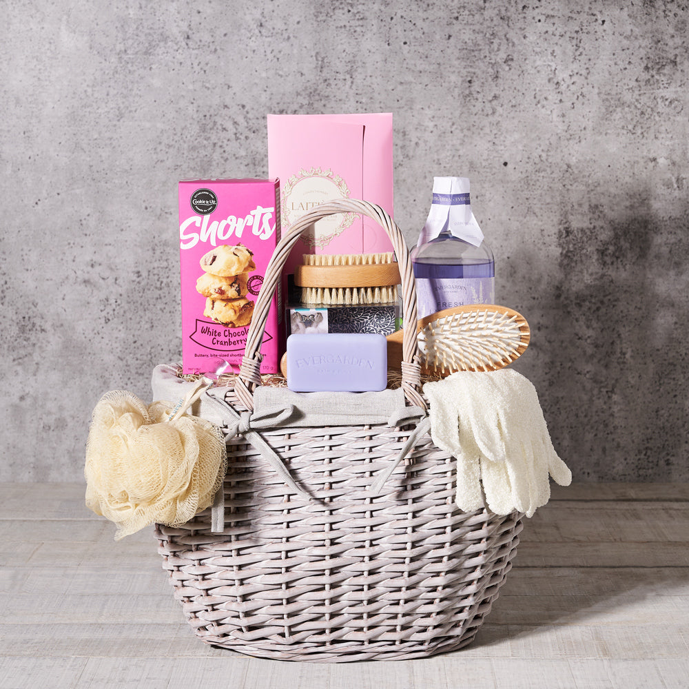 lavender,  chocolate,  bath salts,  bath products,  bath mitt,  bath & body,  bath,  spa gift,  Spa,  Set 24069-2021,  gourmet, spa gift basket delivery, delivery spa gift basket, bath and body basket 