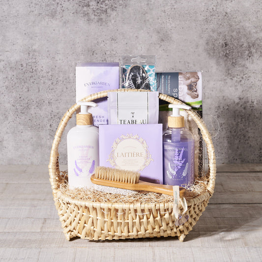Mom Deserves the Best! Gift Basket, spa, gift basket, basket, delivery, lavender, lavendar, hand, soap, cream, chocolate, tea, brush, headband, diffuser
