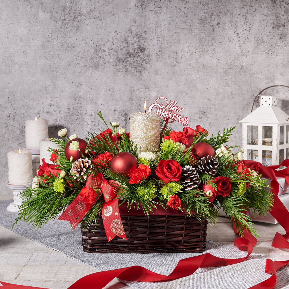 Holiday Season Rose and Pine Centerpiece in Dark Wicker Basket – how the gift is presented
