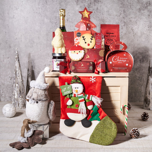 Jolly Snowman Gift Set, Gourmet Gift Baskets, Christmas Gift Baskets, Christmas Gourmet Gift Baskets, Christmas Champagne Gift Baskets, Chocolate Gift Baskets, Chocolate Truffles, Cheeseball, Cookies, Champagne, Jam, Popcorn, Chocolates, Christmas Stockings