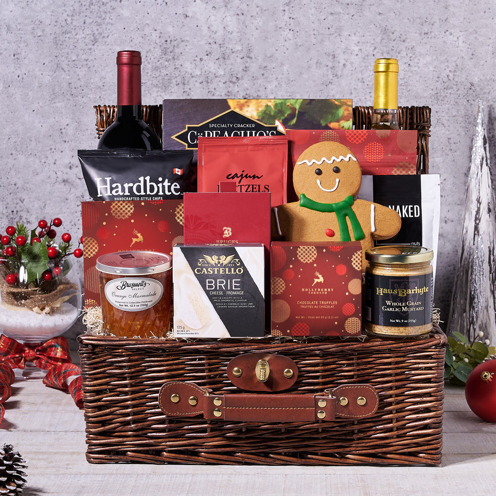 Ample Wine Christmas Gift Basket, chocolate, wine, wine gift basket, gift basket, basket, gift, goodies, Christmas, holiday, pretzel, popcorn, chips, shortbread, cookies, delivery