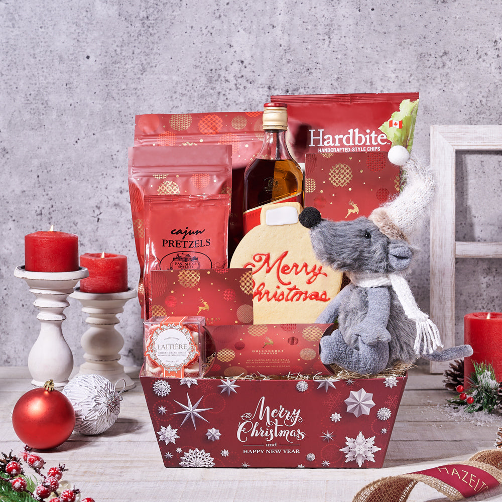 A Traditional Christmas Gift Basket, with Spirits, Christmas Gift Baskets,  Christmas Cookie,  Christmas tray,  Popcorn,  chocolate,  candy,  spirits,  Liquor Gift Basket,  Liquor,  Christmas, spirits gift basket delivery, delivery liquor gift basket