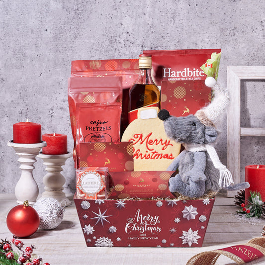 A Traditional Christmas Gift Basket, with Spirits, Christmas Gift Baskets,  Christmas Cookie,  Christmas tray,  Popcorn,  chocolate,  candy,  spirits,  Liquor Gift Basket,  Liquor,  Christmas, spirits gift basket delivery, delivery liquor gift basket