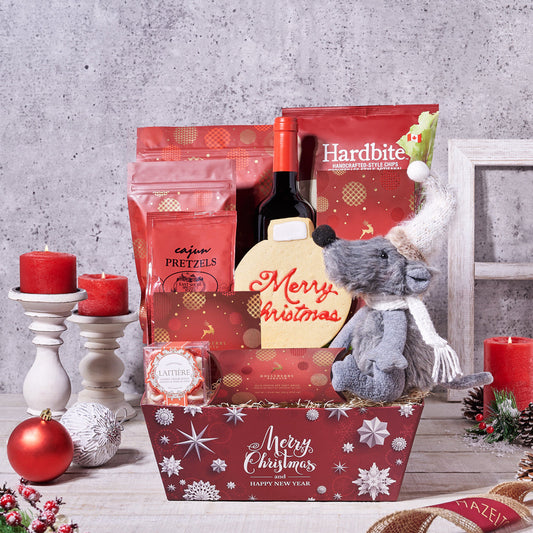 A Traditional Christmas Gift Basket, with Wine, gourmet gift basket,  gourmet,  pretzels,  Popcorn,  Christmas Gift Baskets,  Christmas Cookie,  Christmas tray,  cookies,  Hot Chocolate,  chocolate,  beet chips,  wine,  wine gift basket delivery, delivery wine gift basket, Christmas tray 