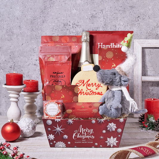 A Traditional Christmas Gift Basket, with Champagne, Christmas tray,  Christmas Gift Baskets,  Christmas Cookie,  Popcorn,  cookies,  pretzels,  chocolate,  beet chips,  candy,  sparkling wine,  champagne,  Champagne Gift Basket,  Christmas, champagne gift basket delivery, delivery champagne gift basket, Christmas basket USA, USA Christmas basket, USA delivery