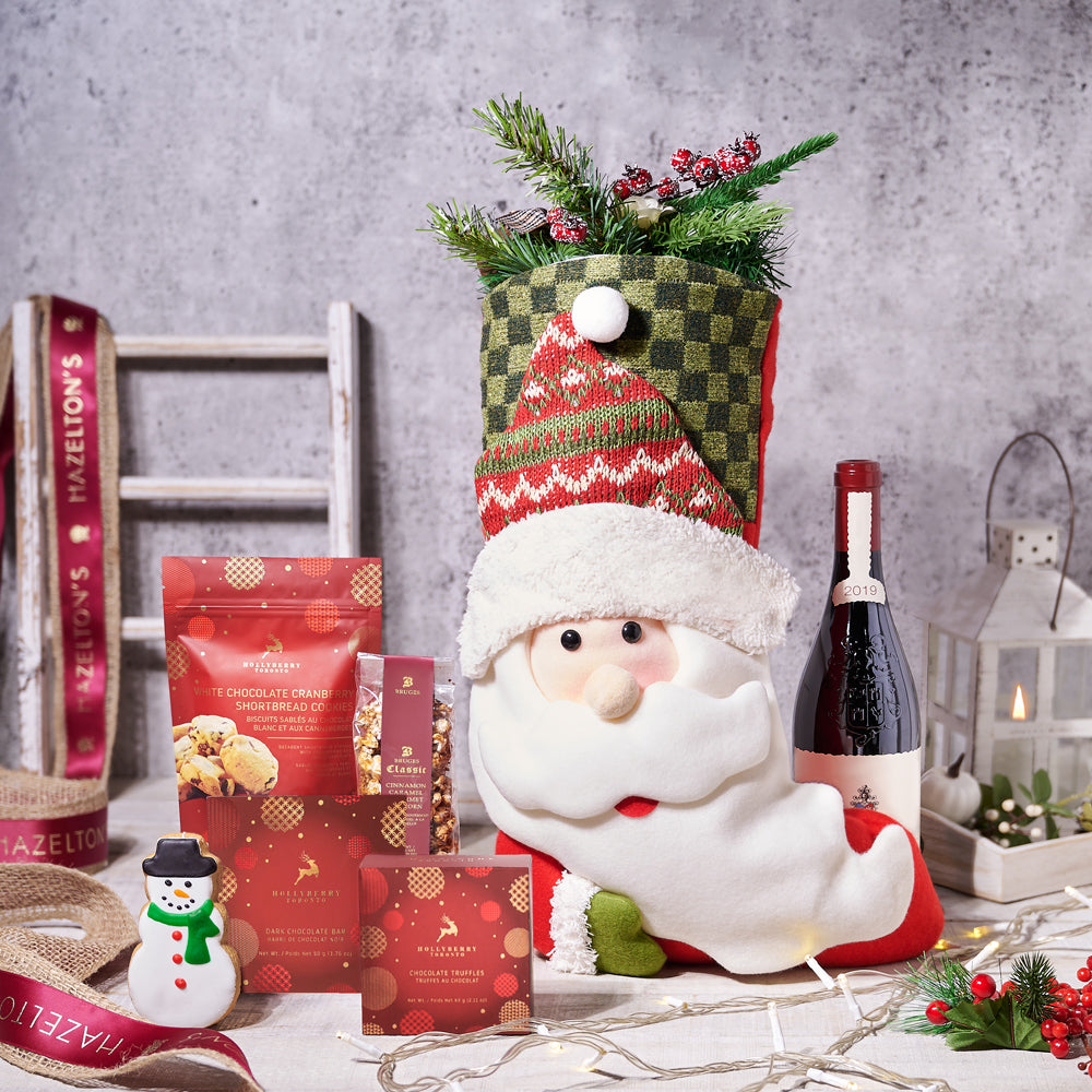 Santa’s Stocking Gift Set With Wine, Santa’s Stocking Gift Set With Wine, Wine Gift Baskets, Gourmet Gift Baskets, Chocolate Gift Baskets, Xmas Gifts, Chocolates, Stocking, Cookies, Popcorn, Wine