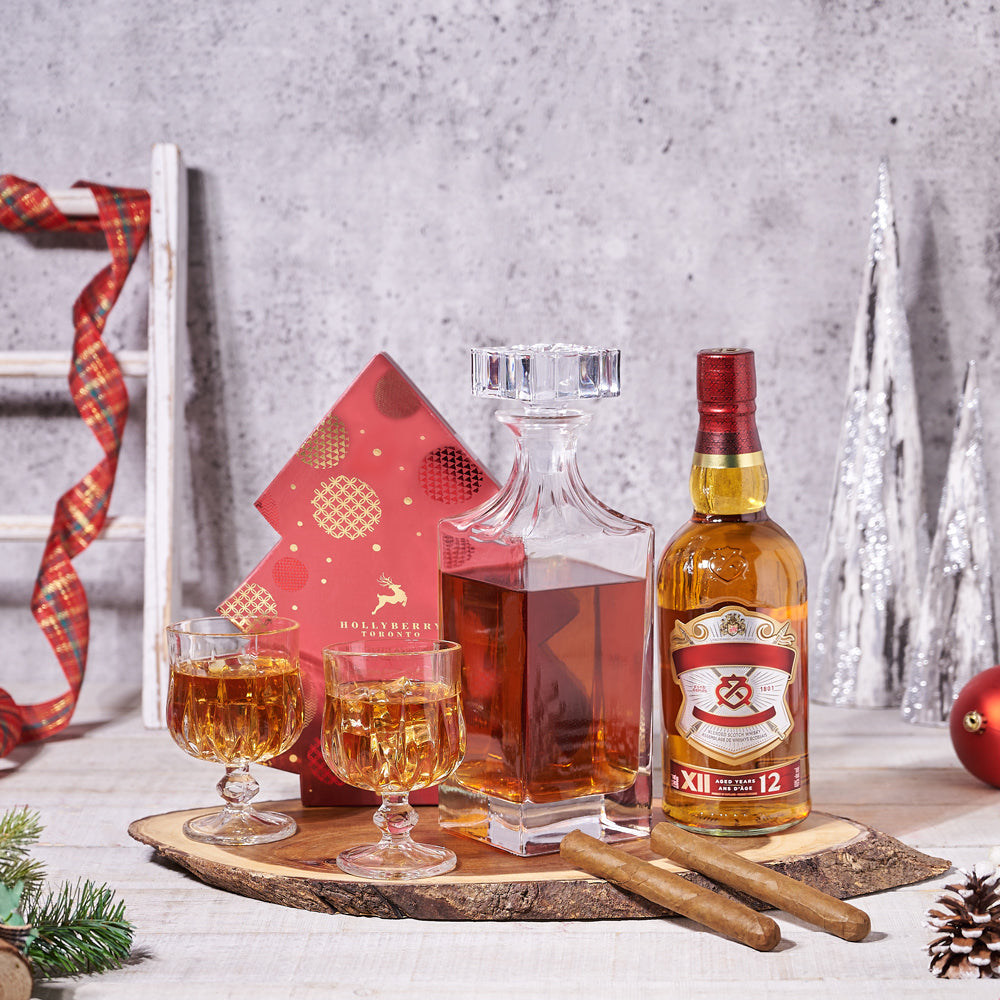 Holiday Whiskey Gift Box with Chocolate Truffles, Cigars, and Decanter – how the gift is presented