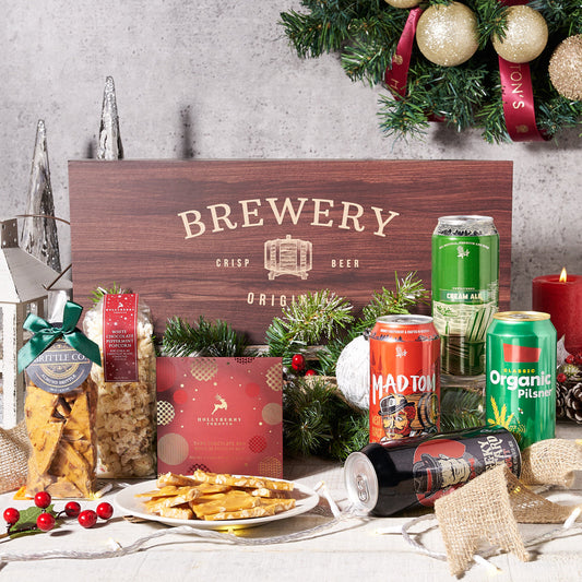 Holiday Craft Beer & Sweet Treat Gift Set, Christmas Gift Baskets, Beer Gift Baskets, Chocolate, Beer, Popcorn, Almond Brittle, Xmas Gifts