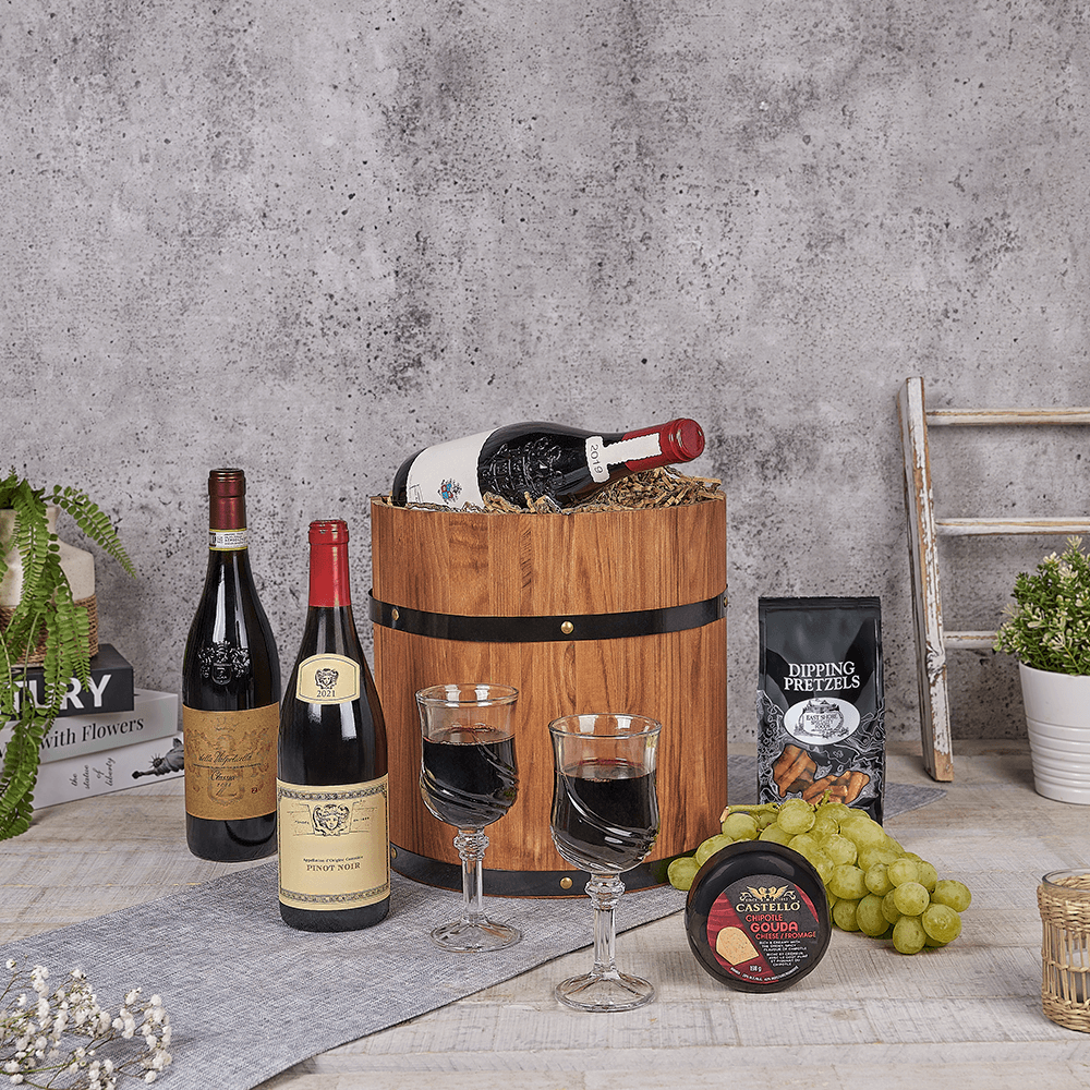 Three Bottle Wine Basket with Pretzels – how the gift is presented
