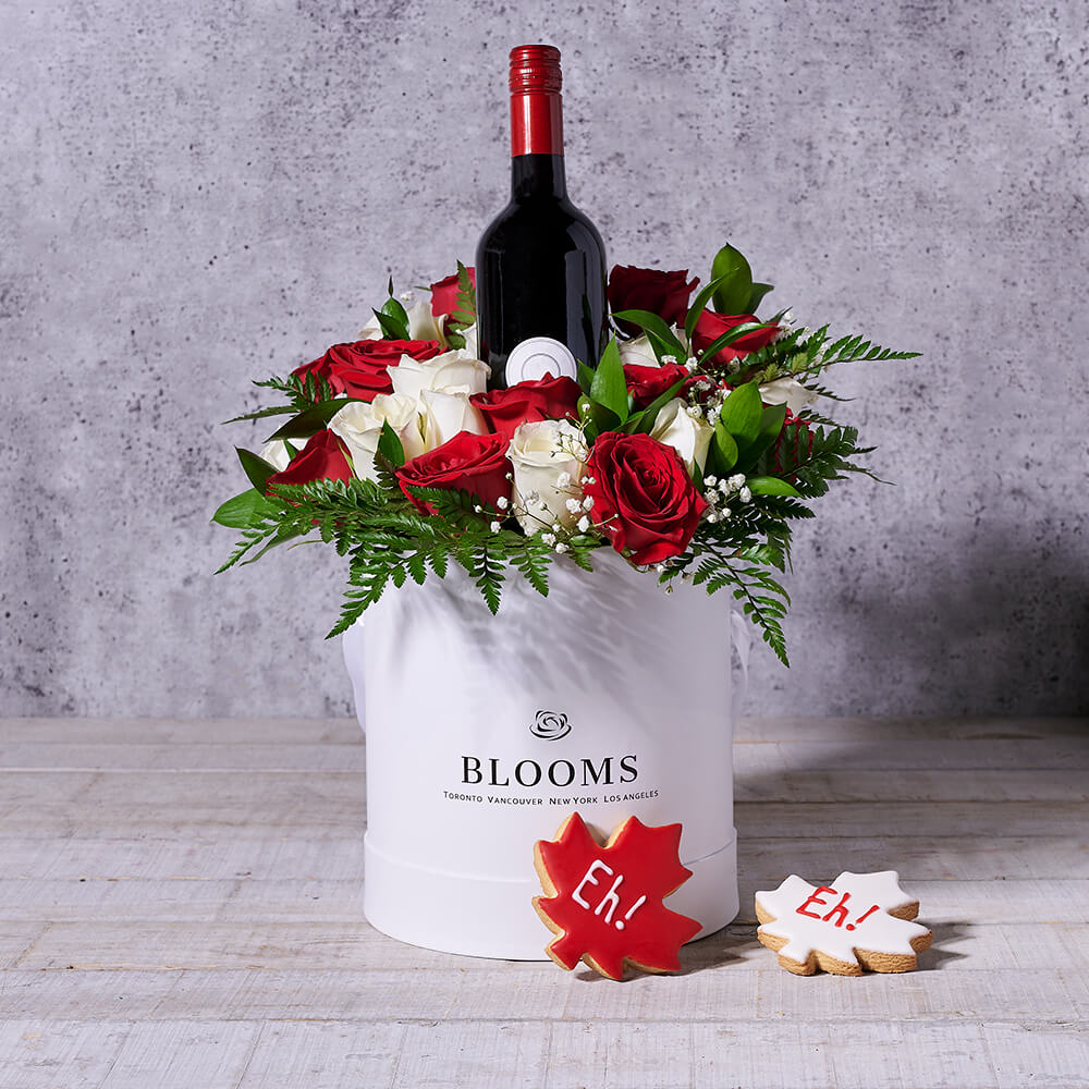 Red and White Roses Wine Basket – how the gift is presented