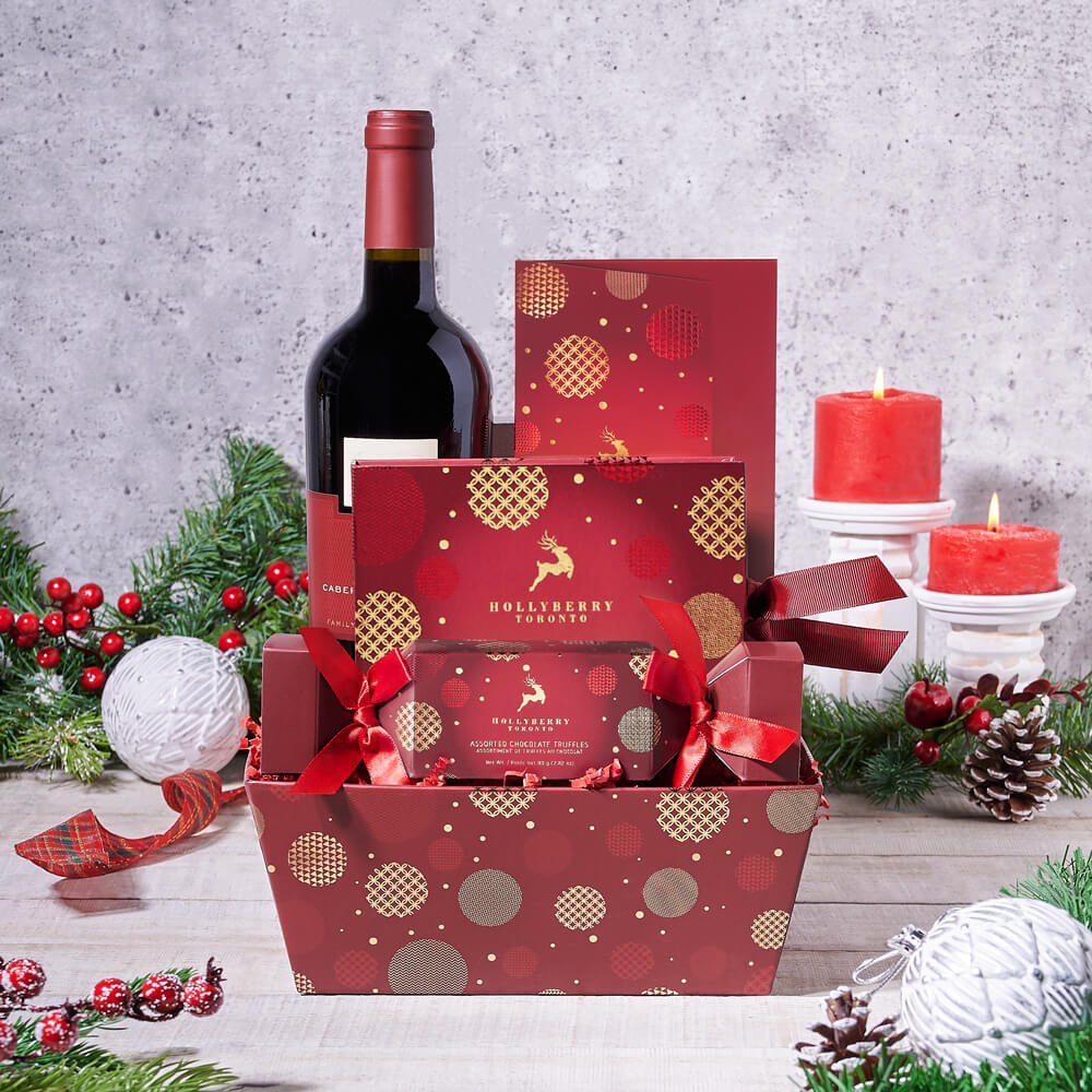 Christmas Holiday Wine and Chocolate Tray – how the gift is presented