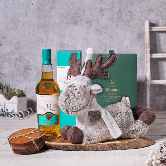 Rudolph’s Liquor & Snacking Gift Basket, christmas gift, christmas, holiday gift, holiday, liquor gift, liquor, plush gift, plush, chocolate gift