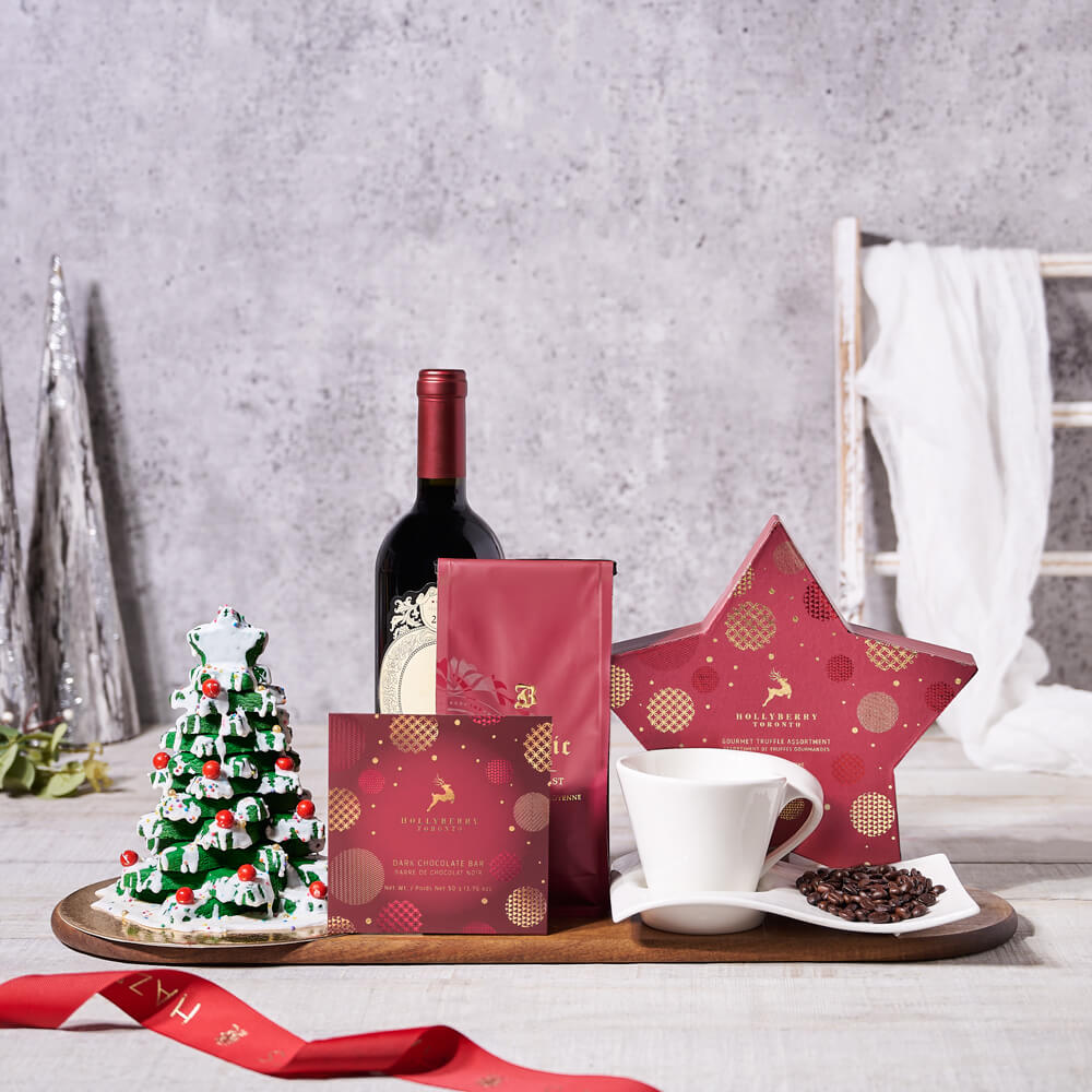 Santa’s Warm Comforts Gift Basket With Wine, wine gift, wine, chocolate gift, chocolate, holiday gift, holiday, Christmas gift