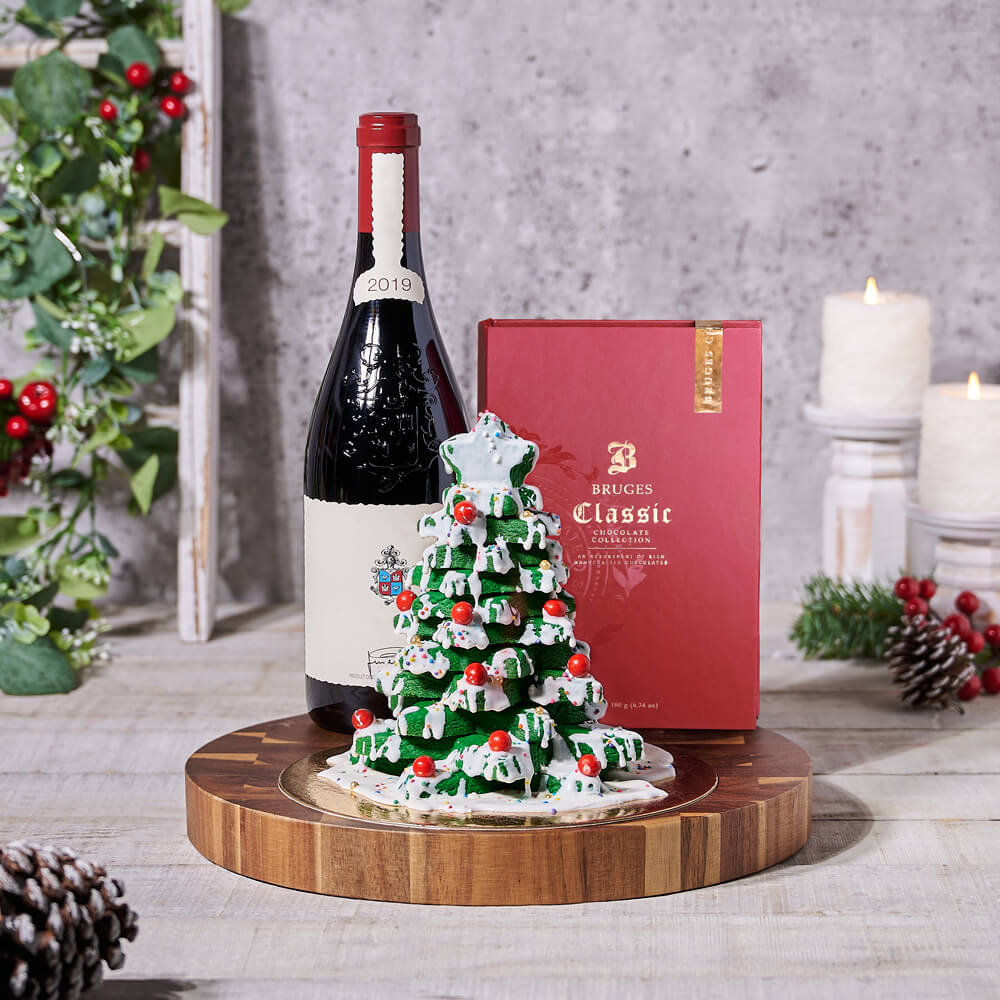 Holiday Wine and Acacia Gift Basket – how the gift is presented