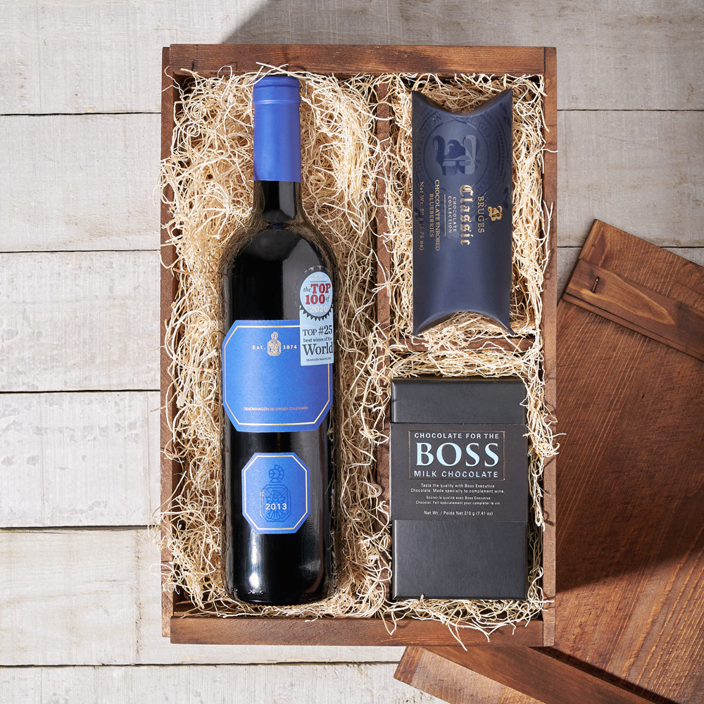 Wine Bottle and Chocolate Wooden Crate – how the gift is presented