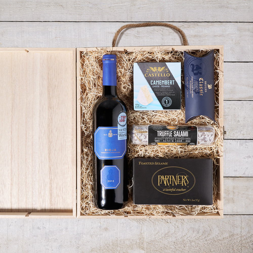Wine Cheese and Salami Crate – how the gift is presented