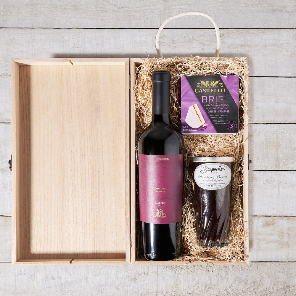 Wooden Wine Box Gift Basket Featuring Wine with Brie and Strawberry Preserve – how the gift is presented