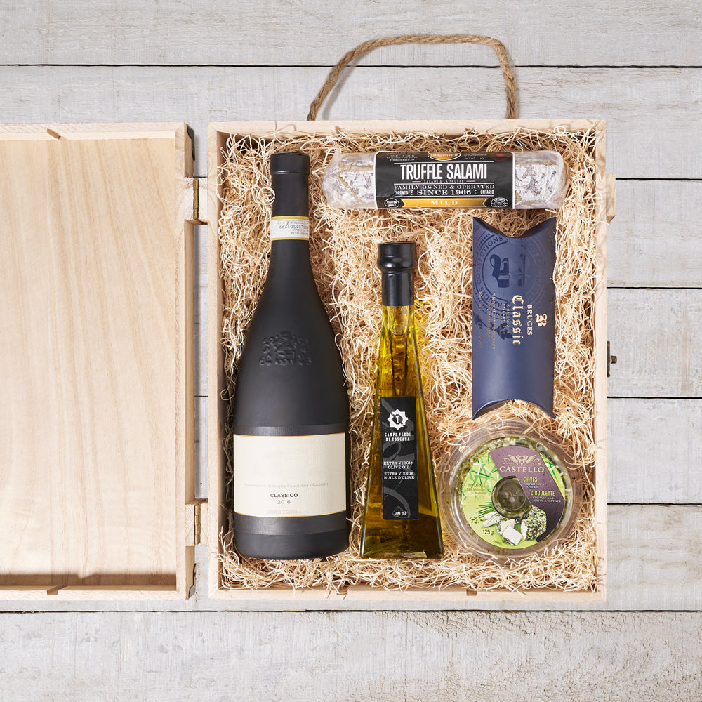 Pine Crate Wine Gift Basket – how the gift is presented