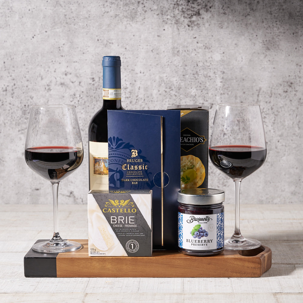 Cheese Board For Two Gift Set – Wine gift baskets –  wine, wine gift baskets, gift baskets, baskets, brie cheese, cheese, blueberry preserves, preserves, water crackers, crackers, wine glasses, chocolate