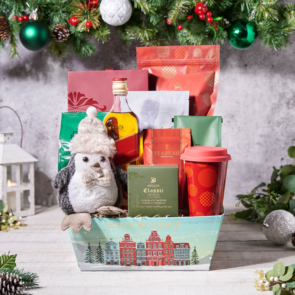The Christmas Morning Gift Basket With Liquor, christmas gift, christmas, holiday gift, holiday, gourmet gift, gourmet, chocolate gift
