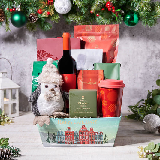 The Christmas Morning Gift Basket with Wine, christmas gift, christmas, holiday gift, holiday, wine gift, wine, gourmet gift, gourmet, chocolate gift, chocolate, coffee gift