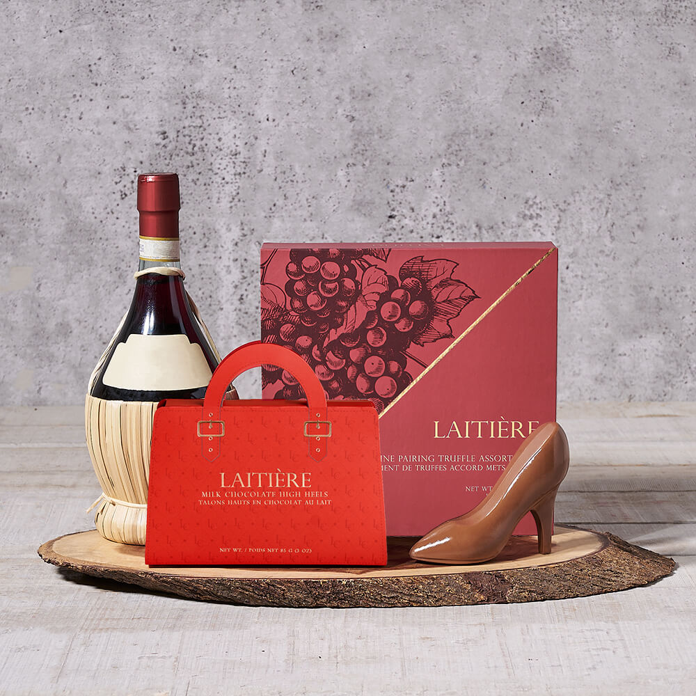 Wine Gift Basket Featuring Laitière Milk Chocolate and Truffles – how the gift is presented