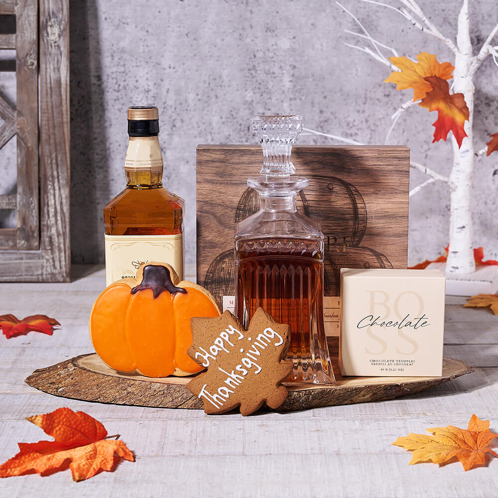 Thanksgiving Whiskey and Treats Basket – how the gift is presented