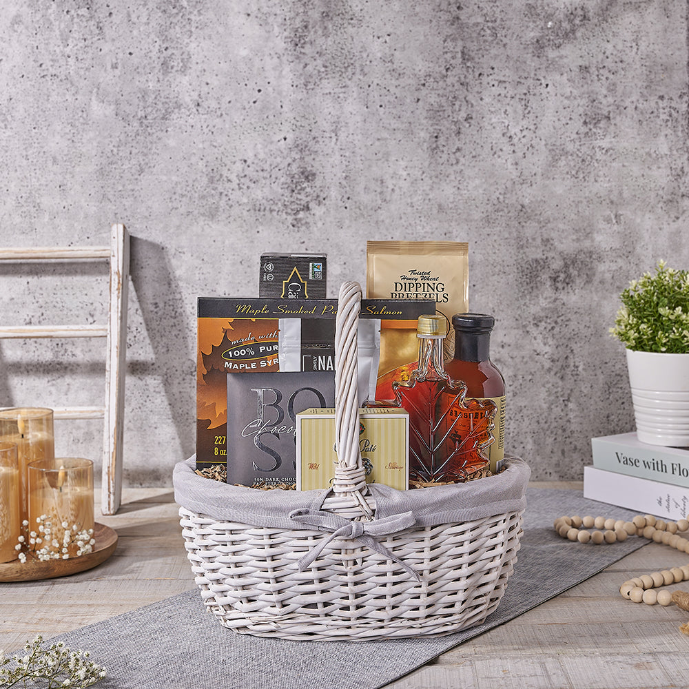 White Wicker Seafood and Chocolate Basket – how the gift is presented