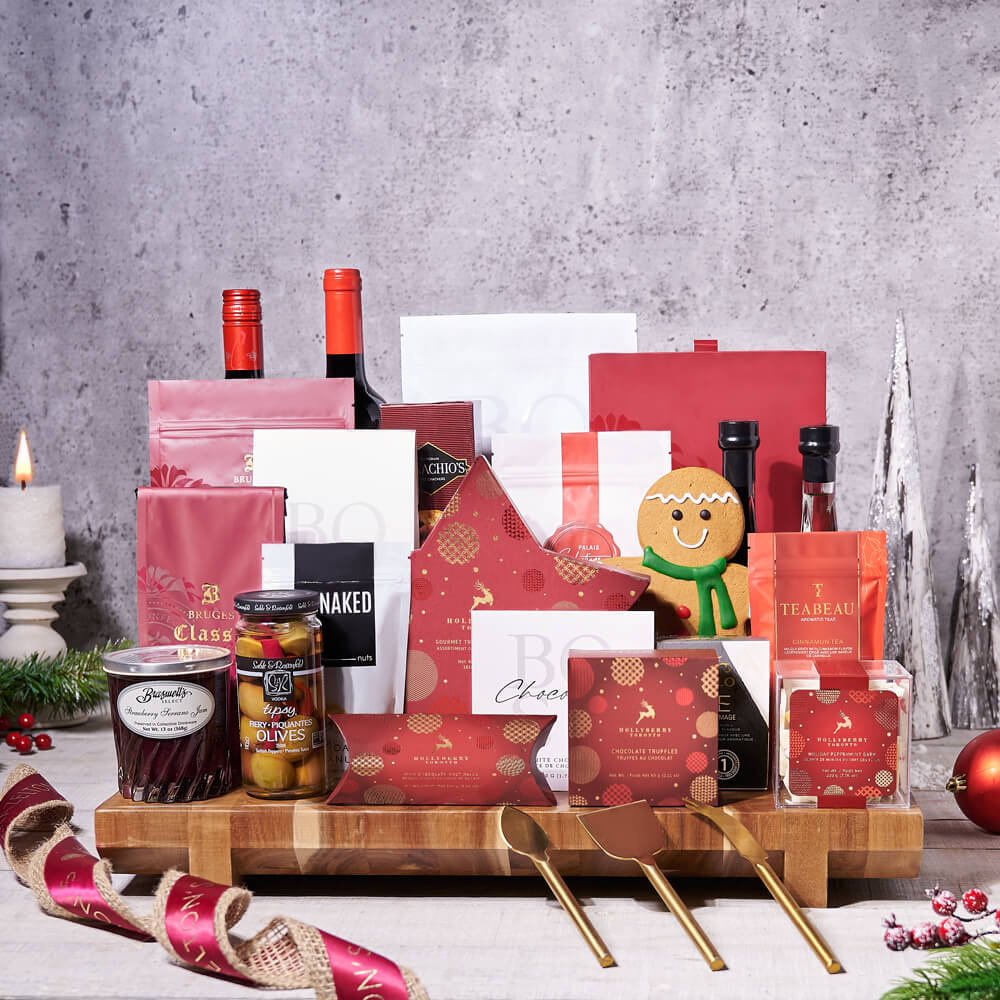 Christmas Wine Gift Basket with 2 Bottles, Brie & Chocolate Treats – how the gift is presented