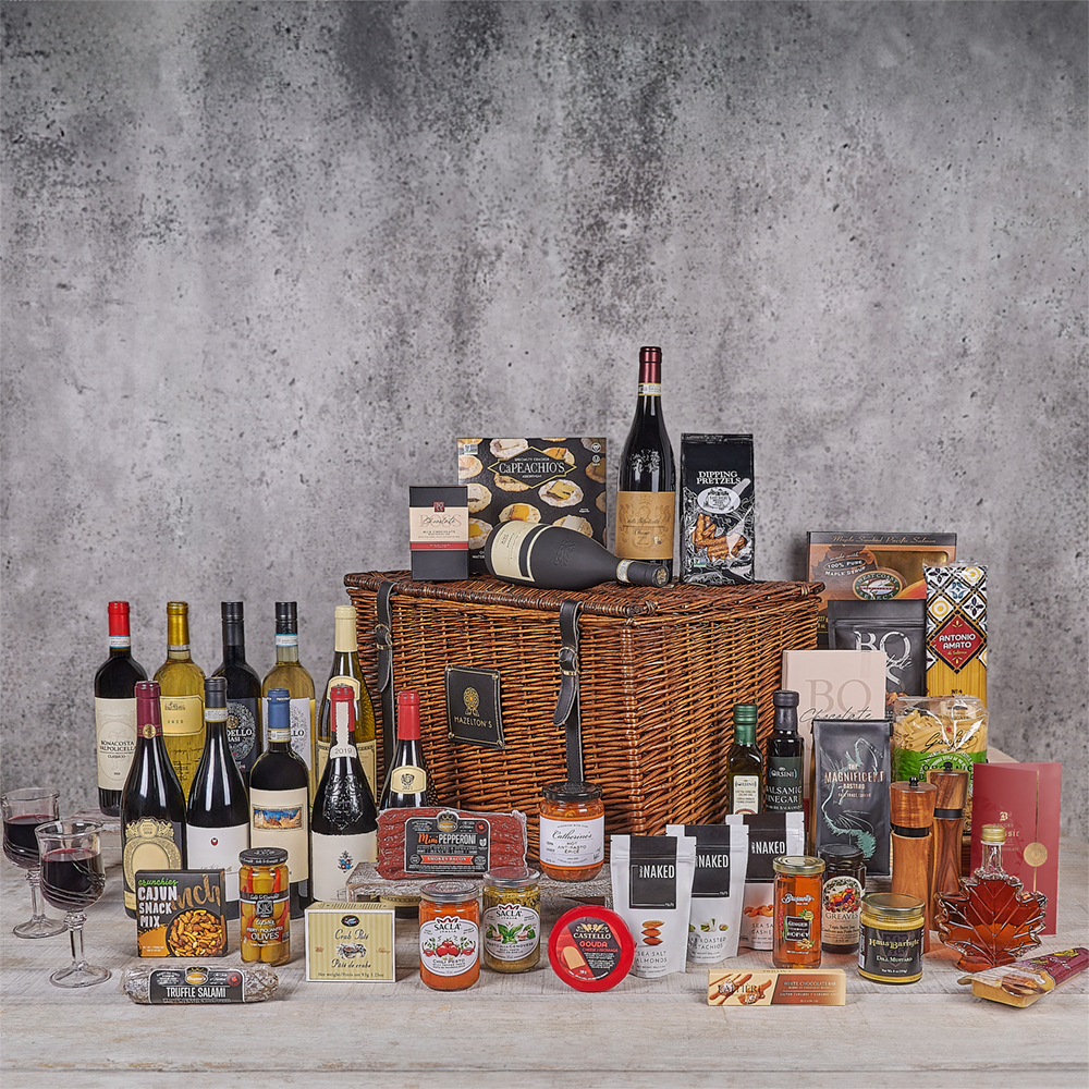 Wicker Basket with 12 Table Wines – how the gift is presented