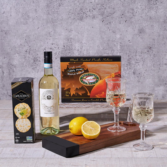 Wild Salmon & Wine Gift Basket, wine gift, wine, seafood gift, seafood, gourmet gift, gourmet Hazelton's 