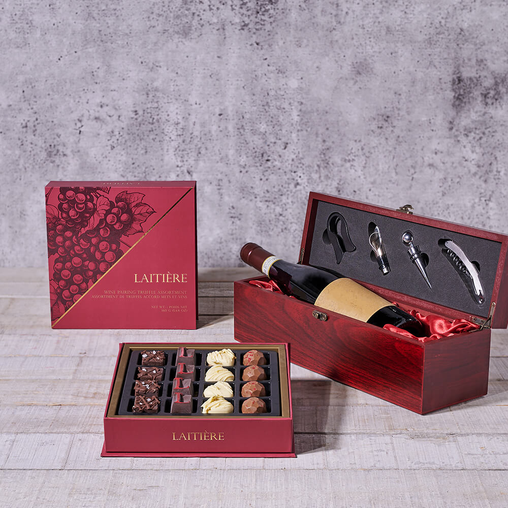 Solid Mahogany Wine and Truffle Box – how the gift is presented