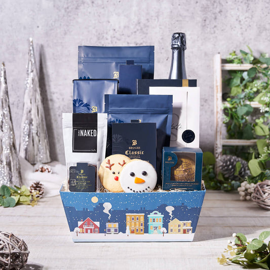 Winter Champagne & Chocolate Treats Gift, christmas gift, christmas, holiday gift, holiday, gourmet gift, gourmet, sparkling wine gift, sparkling wine, champagne gift, champagne, cookie gift, cookie, coffee gift, coffee. 