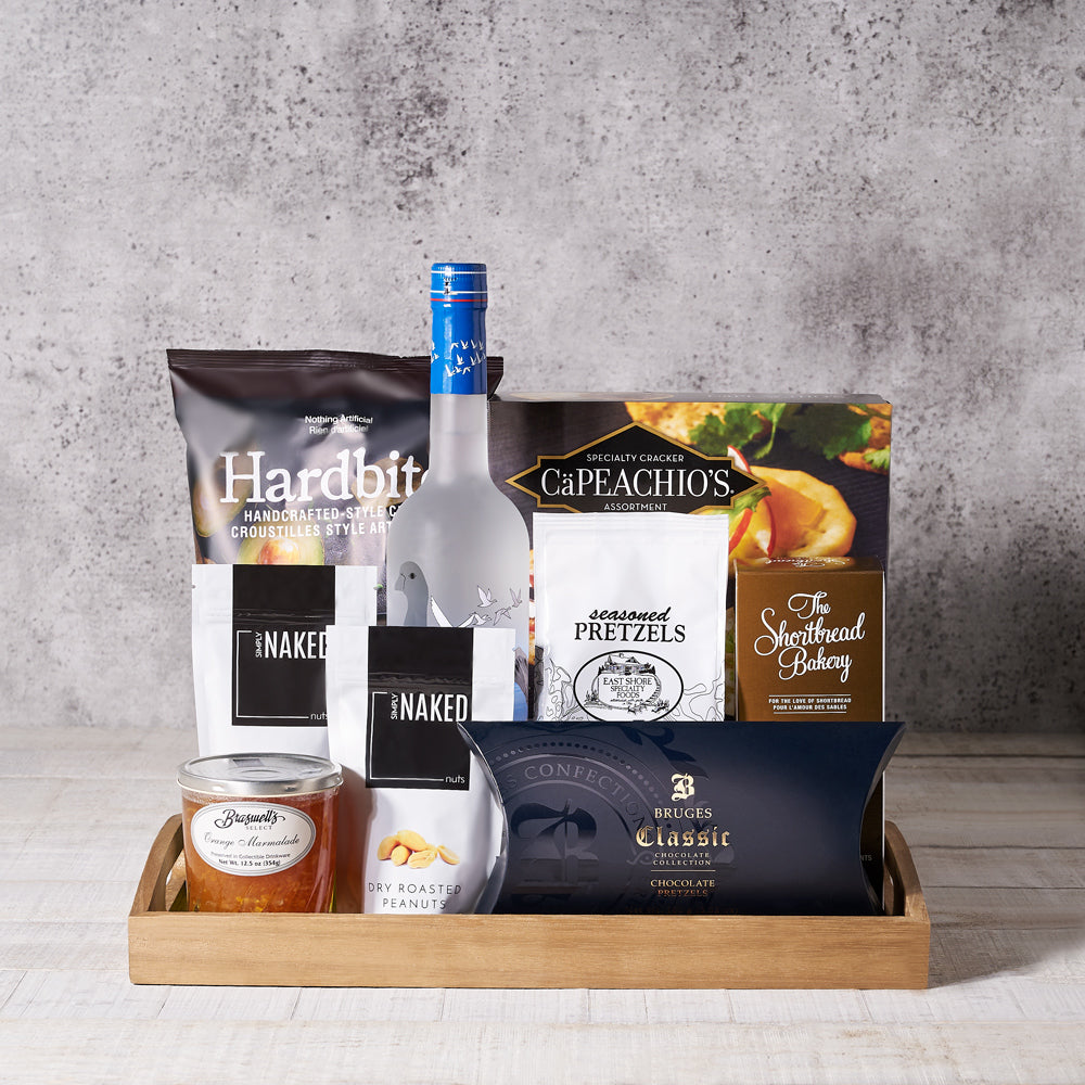 Gilded Liquor and Snack Gift Tray – how the gift is presented