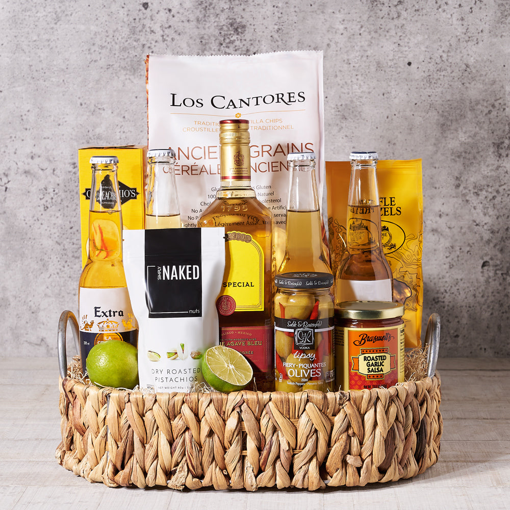 Tequila and Gourmet Snack Gift Basket with Beer – how the gift is presented