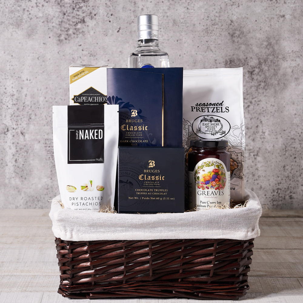 For a basket that brings good spirits, no matter the occasion, try The Good Spirits Gourmet Gift Basket 