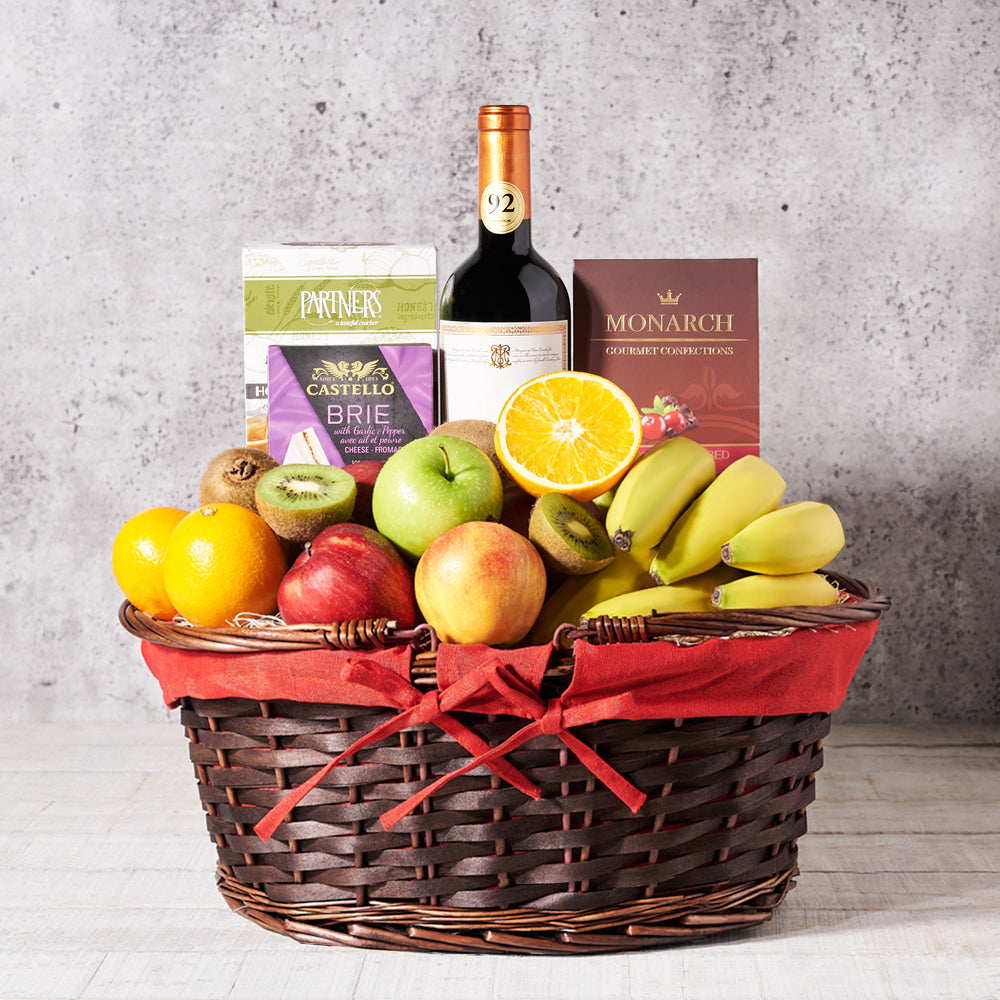 Wine and Fresh Fruit Cheese Basket – how the gift is presented
