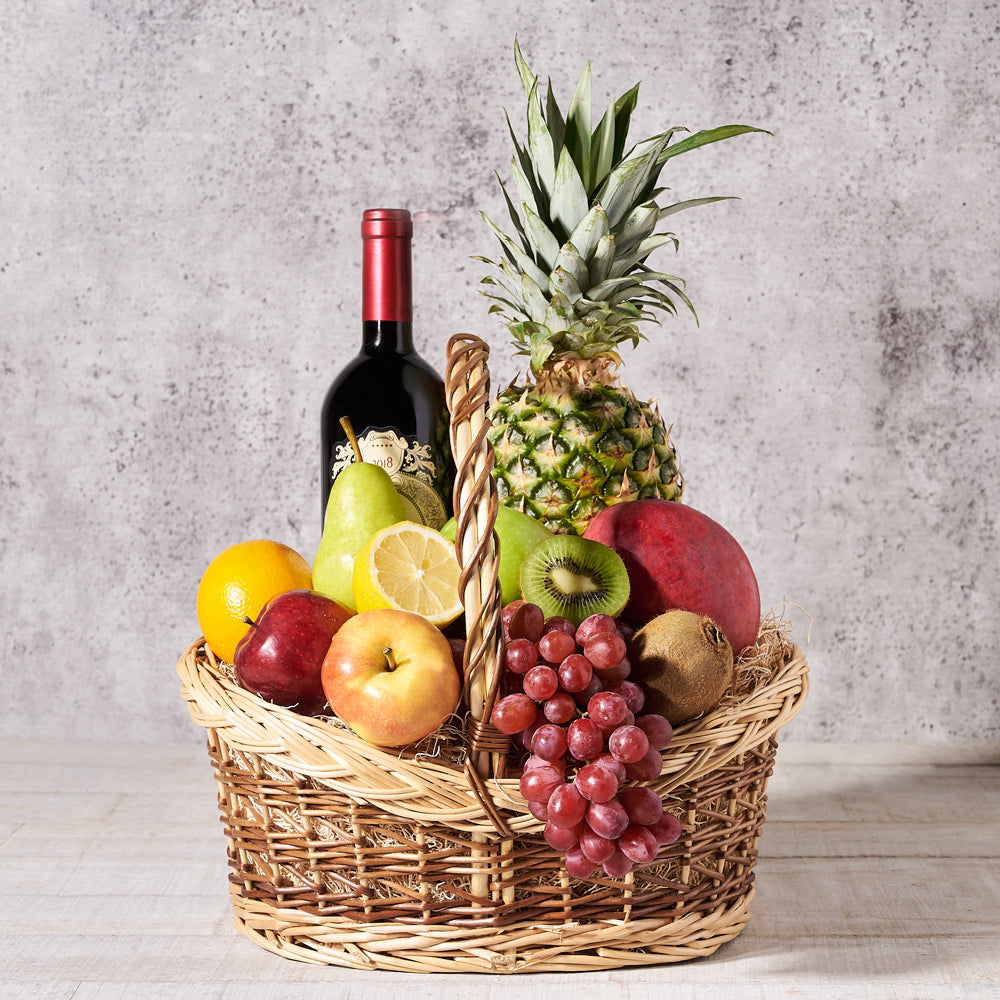Wine and Seasonal Fresh Fruit Celebration Basket – how the gift is presented