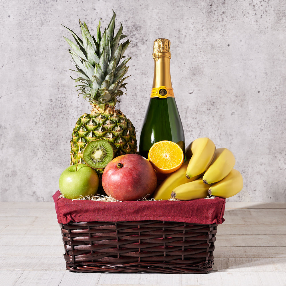 Sparkling Wine and Mixed Fruit Basket – how the gift is presented