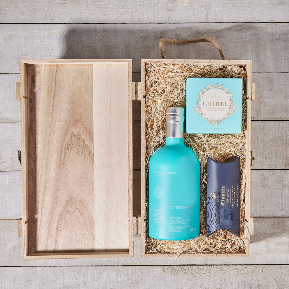 Liquor Wooden Box with Truffles – how the gift is presented