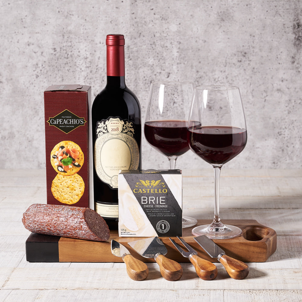 Brie and Salami Wine Gift Basket – how the gift is presented