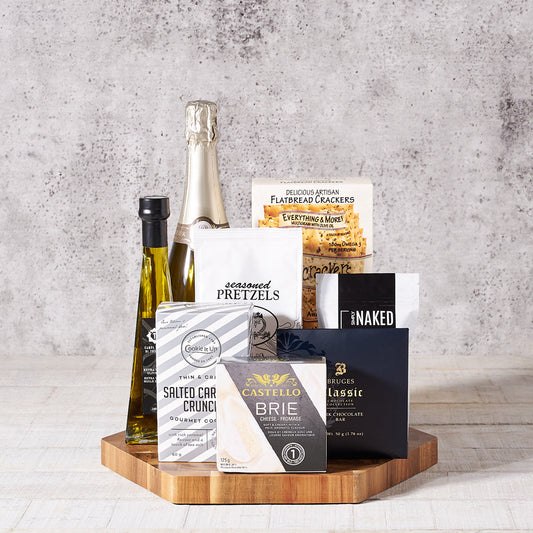 Champagne Delight Gift Board, Gourmet Gift Baskets, Champagne Gift Baskets, Crackers, Champagne, Cheese, Chocolate bar, Nuts, Cookies
