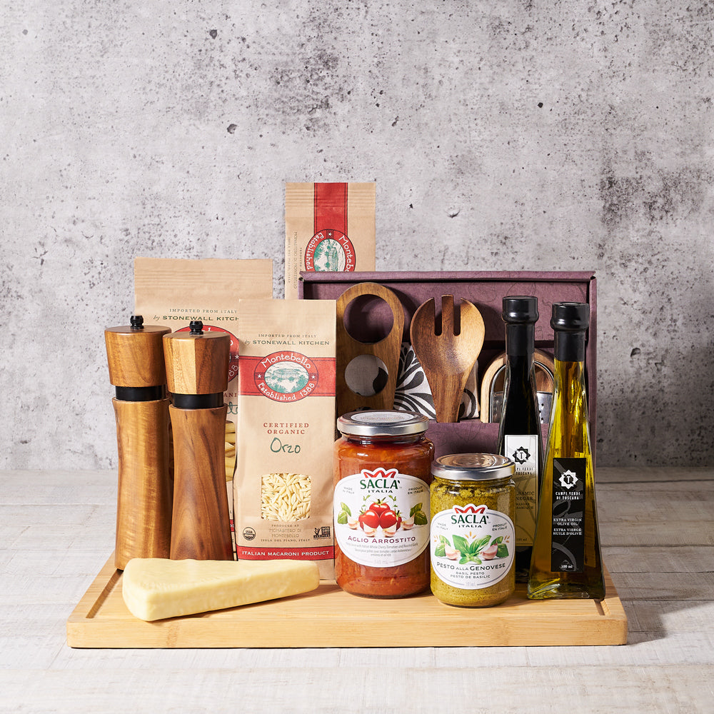 Mediterranean Pasta and Olive Oil Basket – how the gift is presented